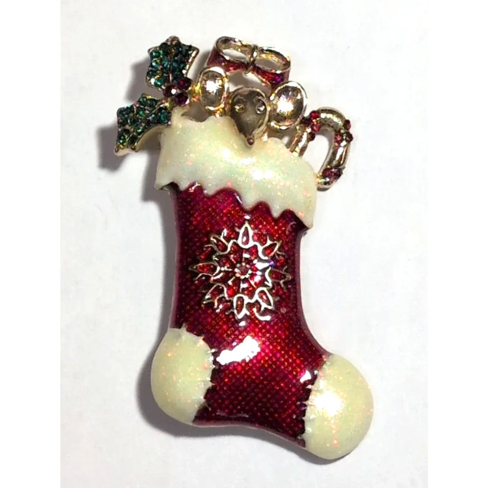 Liz Claiborne Christmas Brooch Pin Enamel Rhinestones Stocking Mouse LC 2.25 In‎